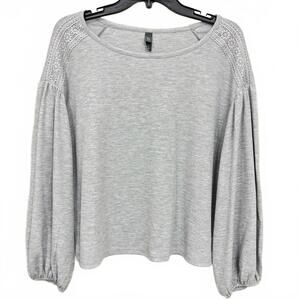 Alya Gray Scoop Neck Balloon Sleeve Waffle Knit Embroidered lace Top- Size Small